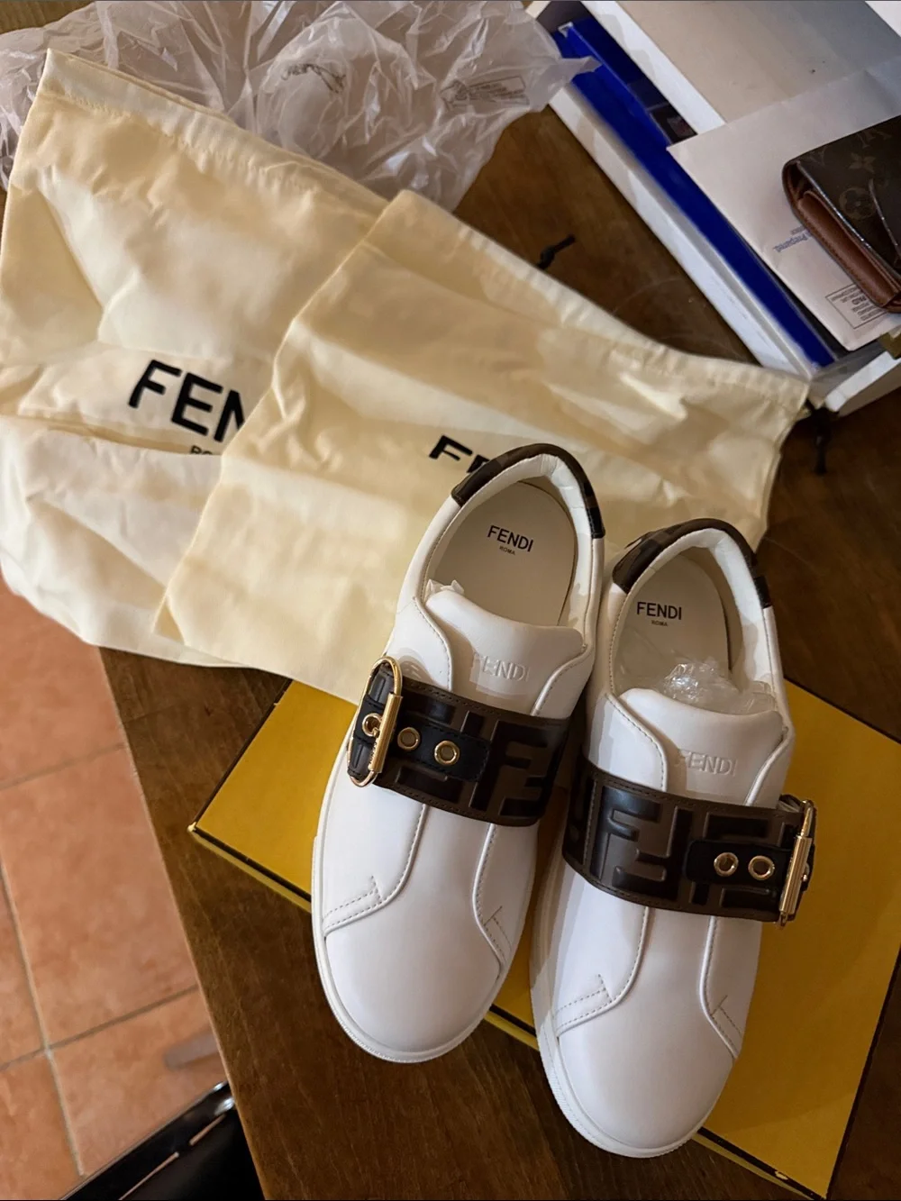 Fendi White Leather Sneakers with Brown Logo Buckle Strap